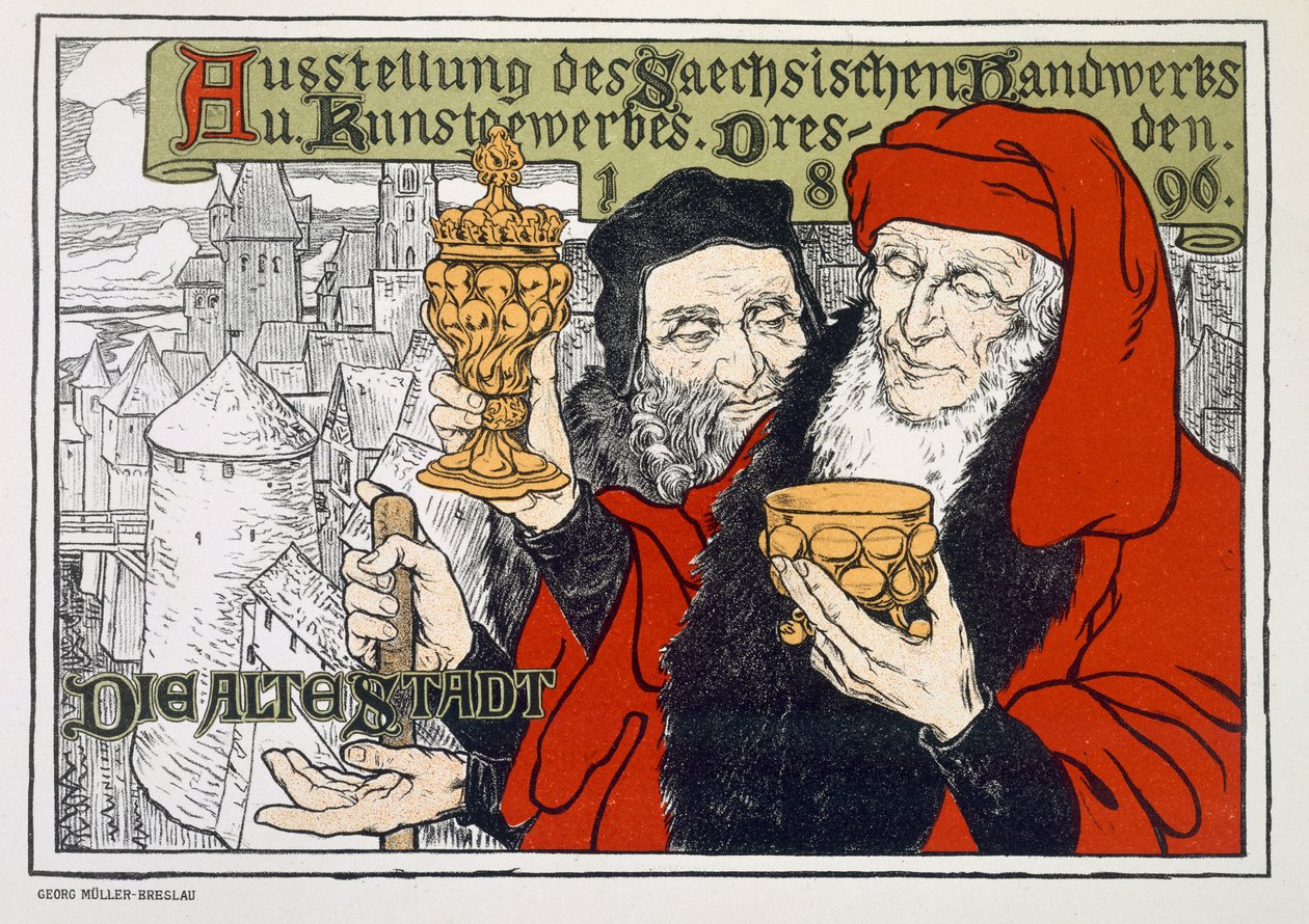 Cartel publicitario de la Exposición de Artes y Oficios en Dresde, Alemania, en la Ciudad Vieja, 1896 de Georg Muller Breslau