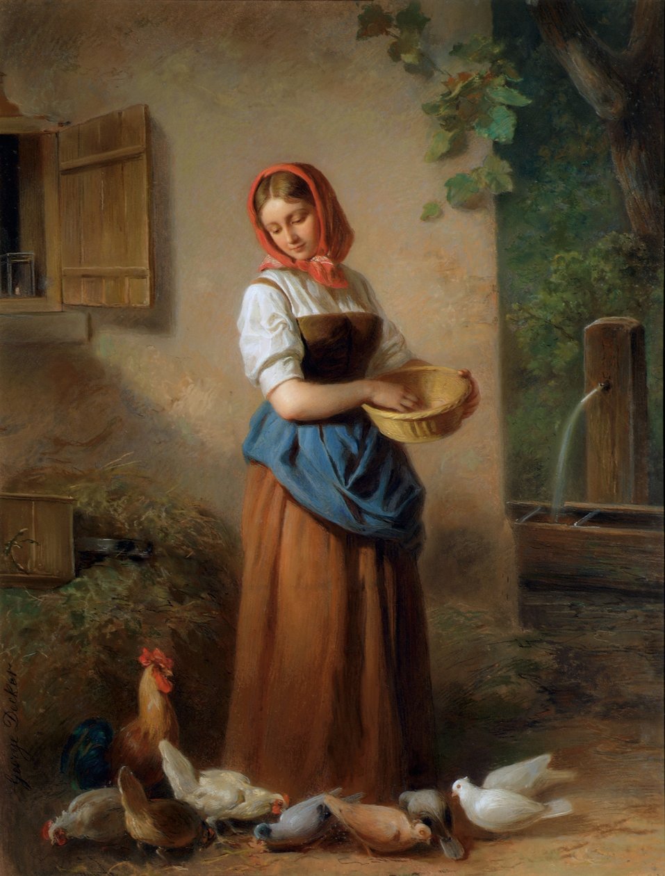 Una niña alimentando pollos y palomas. de Georg Decker