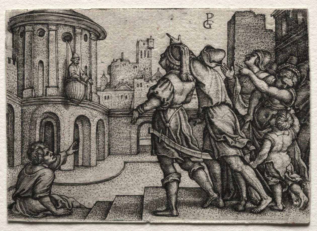 Virgilio colgando en una cesta, c. 1541-42 de Georg Pencz