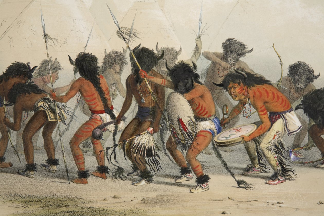 Danza del Búfalo (detalle), de la Cartera de Indios de América del Norte de Catlin. Escenas de Caza y Diversiones de las Montañas Rocosas y Praderas de América, pub. 1845 de George Catlin