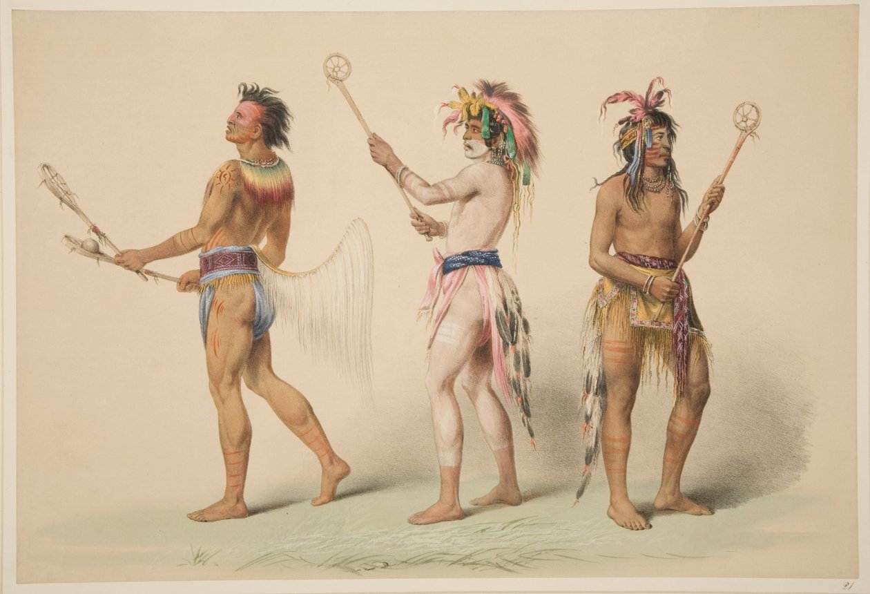 Ilustración de Jugadores de Lacrosse, de Ilustraciones de las Costumbres, Modales y Condiciones de los Indios de América del Norte, Londres, 1845 de George Catlin