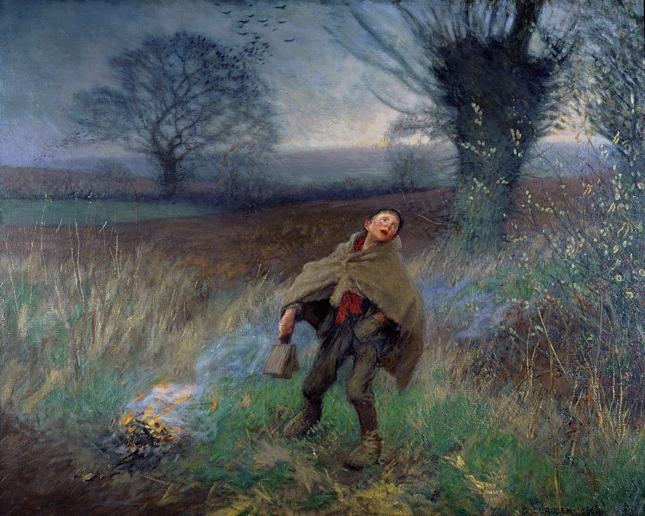 Espantando pájaros, marzo, 1896 de George Clausen
