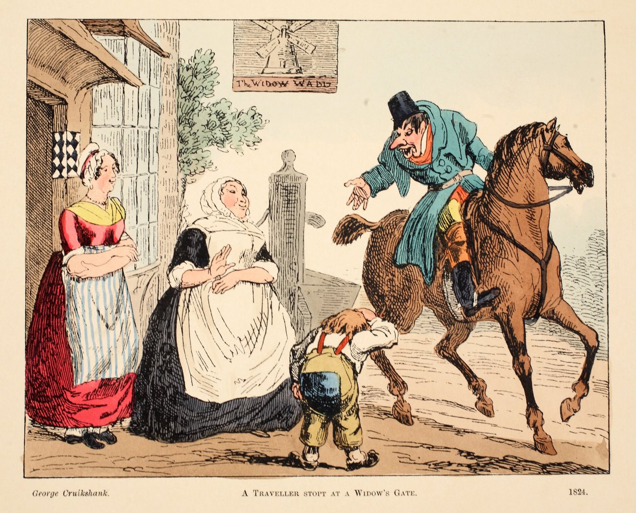 Un viajero detenido en la puerta de una viuda, pub. 1824 de George Cruikshank