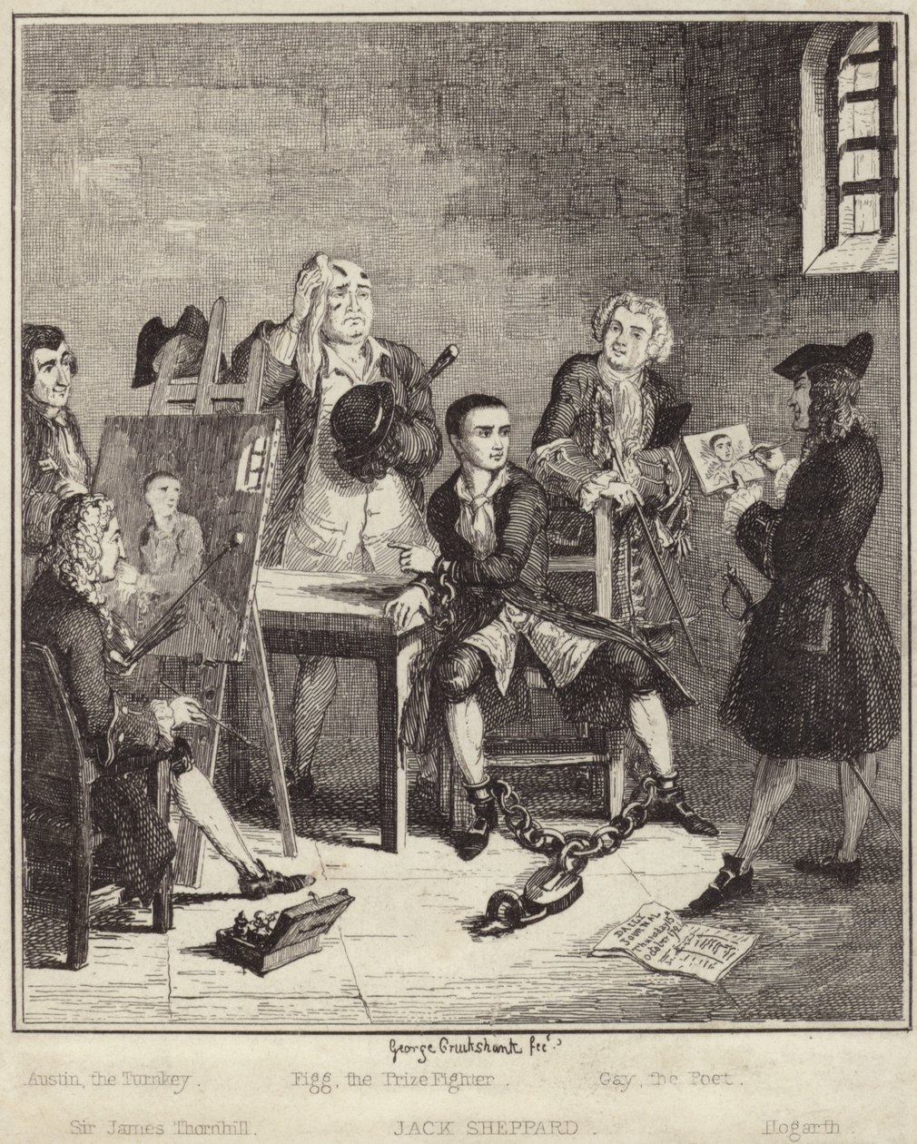 Jack Sheppard teniendo su retrato pintado por Sir James Thornhill en prisión de George Cruikshank