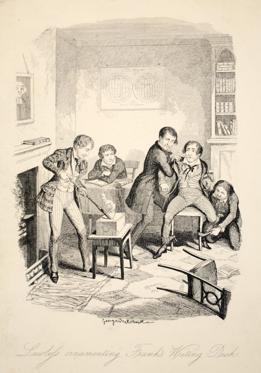 Lawleys Adornando el Escritorio de Frank, de Frank Fairlegh o Escenas de la Vida de un Alumno Privado, pub. c.1870 de George Cruikshank