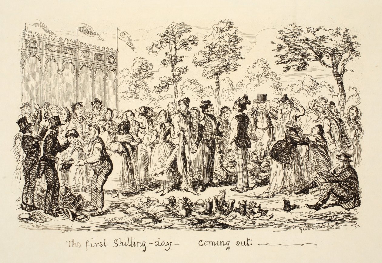 El primer día de chelín - Saliendo, pub. 1851 de George Cruikshank