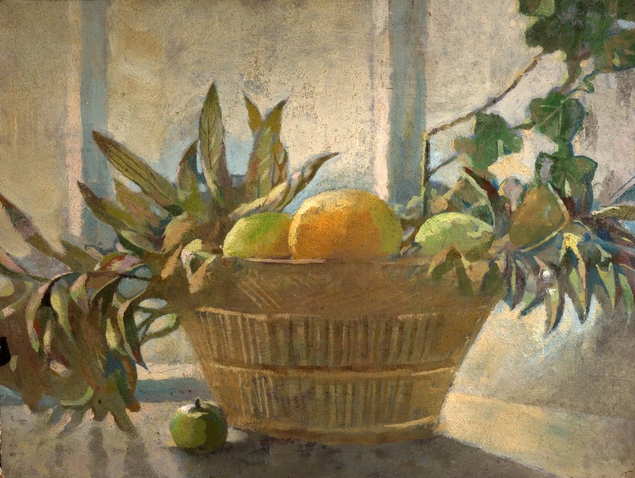 Frutas y Hojas en una Cesta de George Sheringham