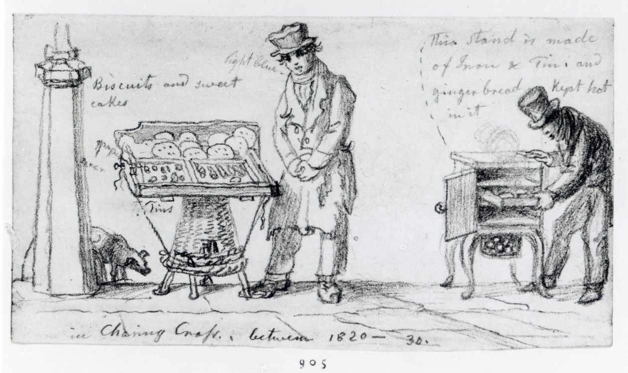 Puestos de galletas y pan de jengibre en Charing Cross, 1820-30 de George Snr Scharf