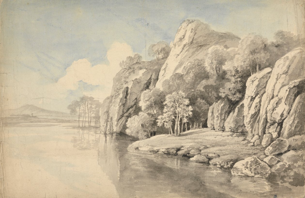 Orilla del río con rocas altas de George Barret
