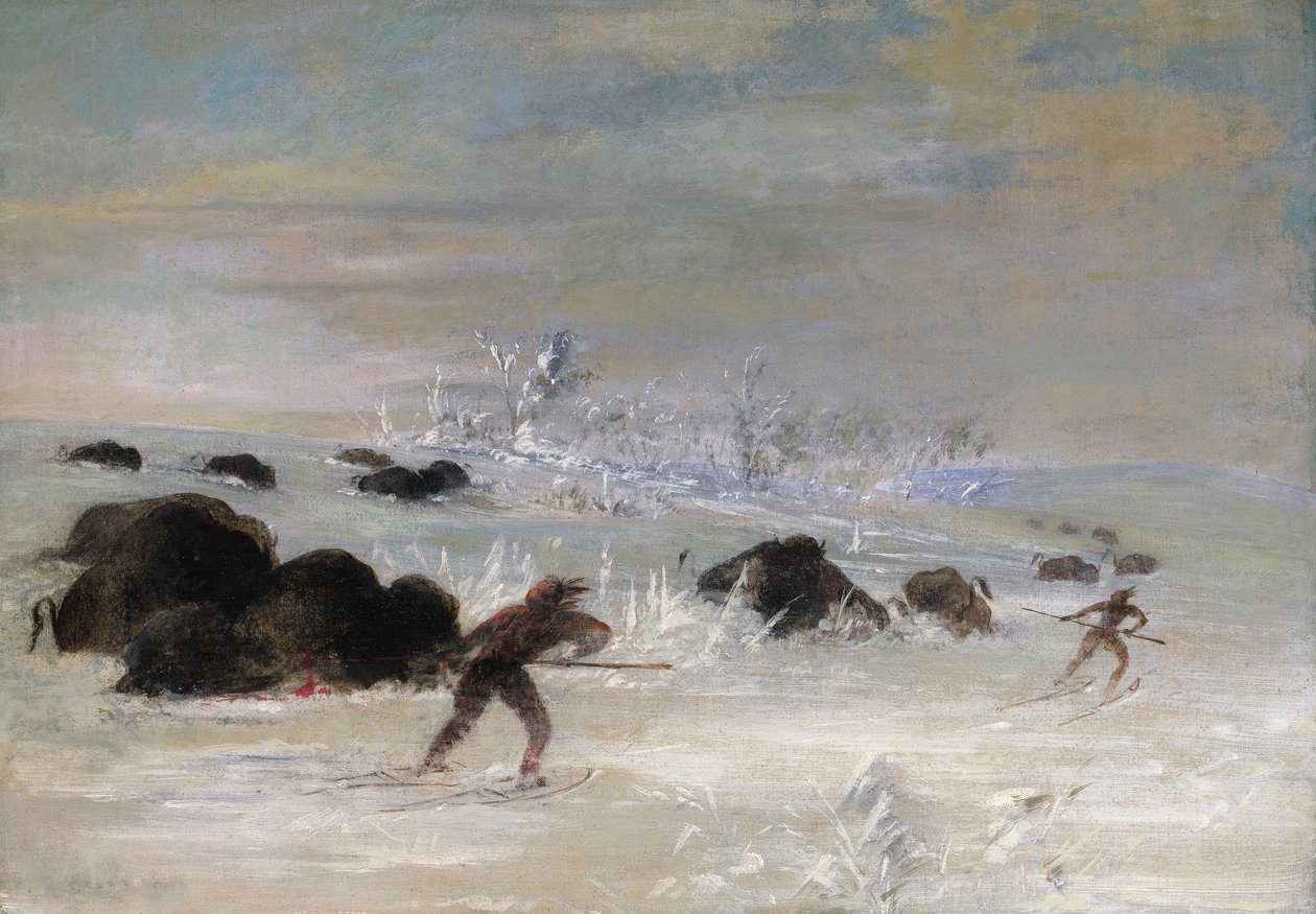 Indios Assiniboine persiguiendo búfalos con raquetas de nieve de George Catlin