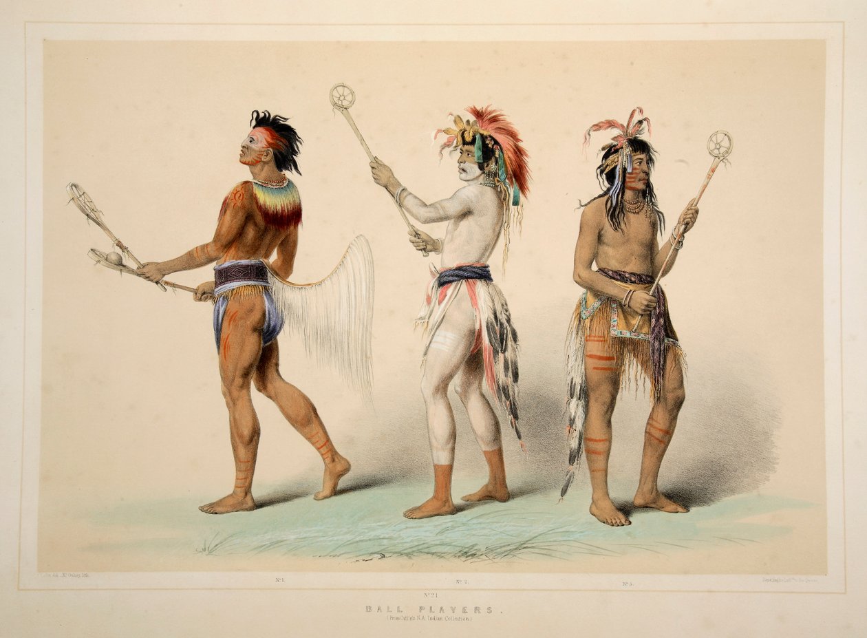 Jugadores de pelota, pub. 1845 litografía en color de George Catlin