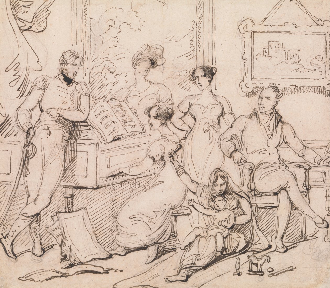 Un grupo familiar en torno a un piano de George Chinnery