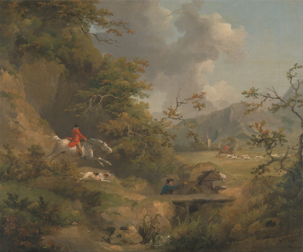 Caza del zorro en terreno accidentado de George Morland