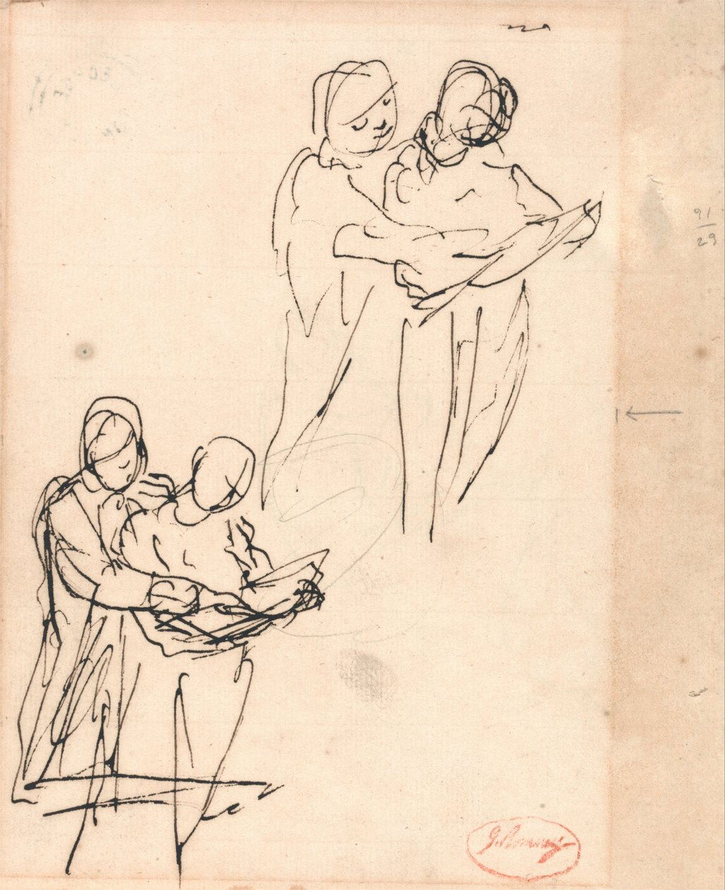 Pareja examinando un libro de George Romney