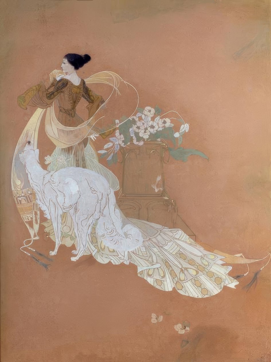 Georges de Feure, Dama elegante con barsoi / Gouache de Georges de Feure