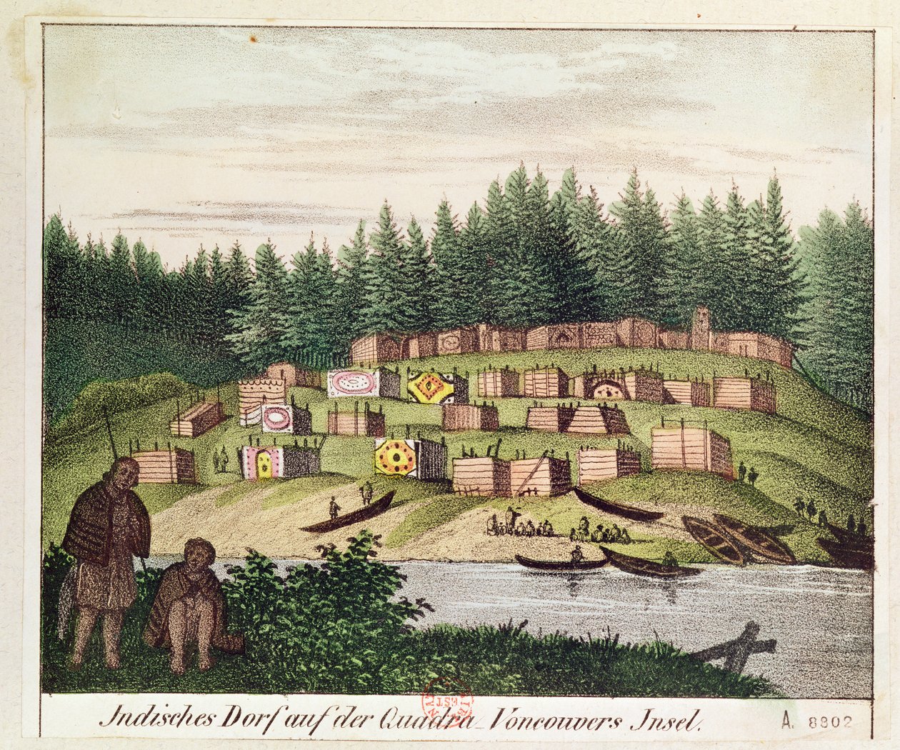 Campamento indio en la isla Quadra, islas de Vancouver (grabado en color) de German School