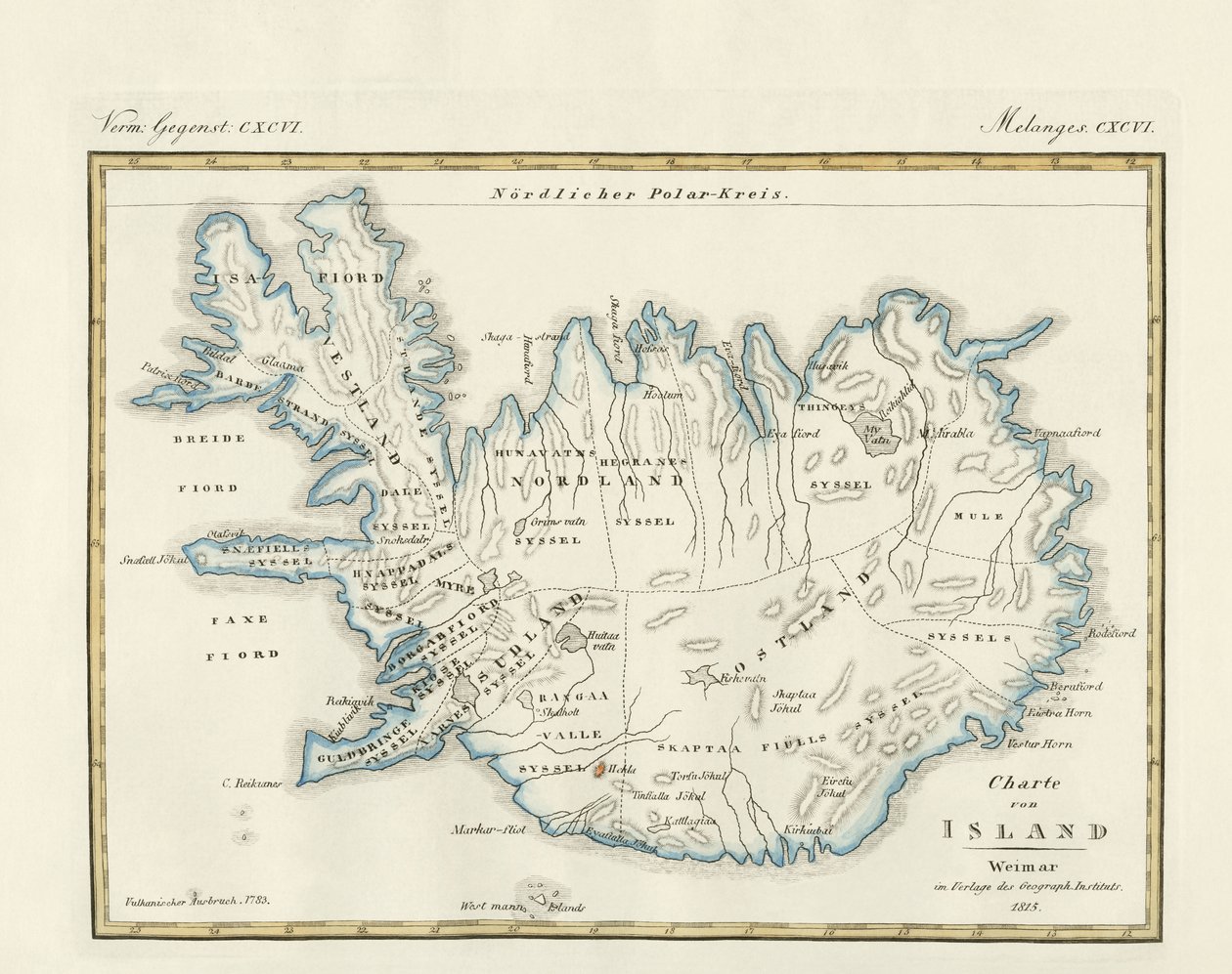 Mapa de Islandia (grabado coloreado) de German School