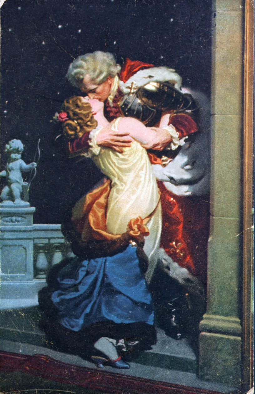 Postal que representa a una pareja del siglo XVIII besándose de German School