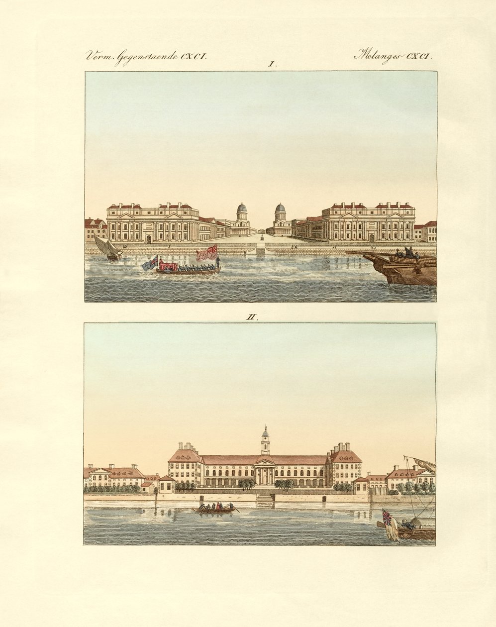 Edificios extraños en Inglaterra (grabado coloreado) de German School