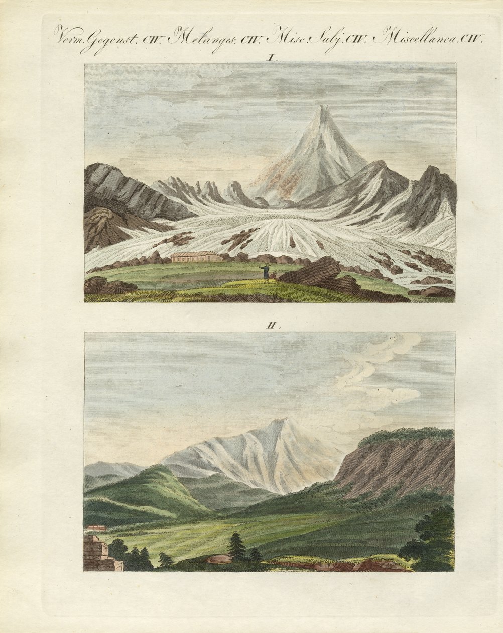Montañas Extrañas (grabado coloreado) de German School