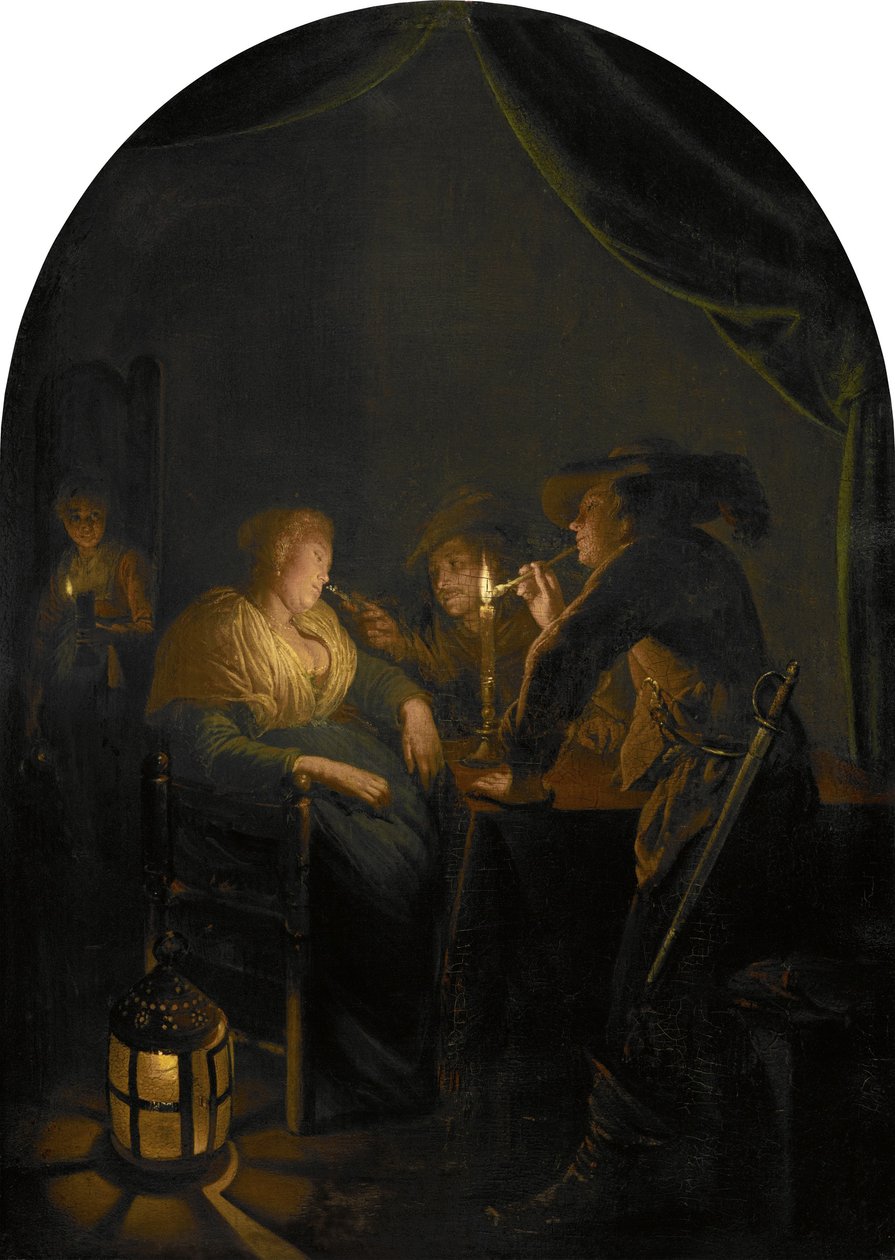 Dos soldados se burlan de una mujer dormida de Gerrit Dou