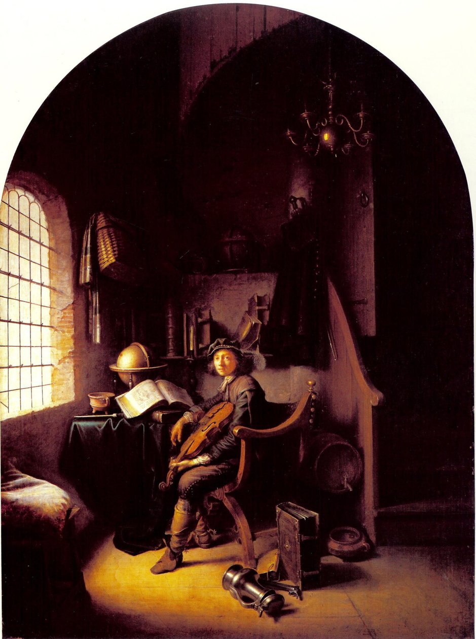 Joven violinista sentado en su estudio de Gerrit Dou