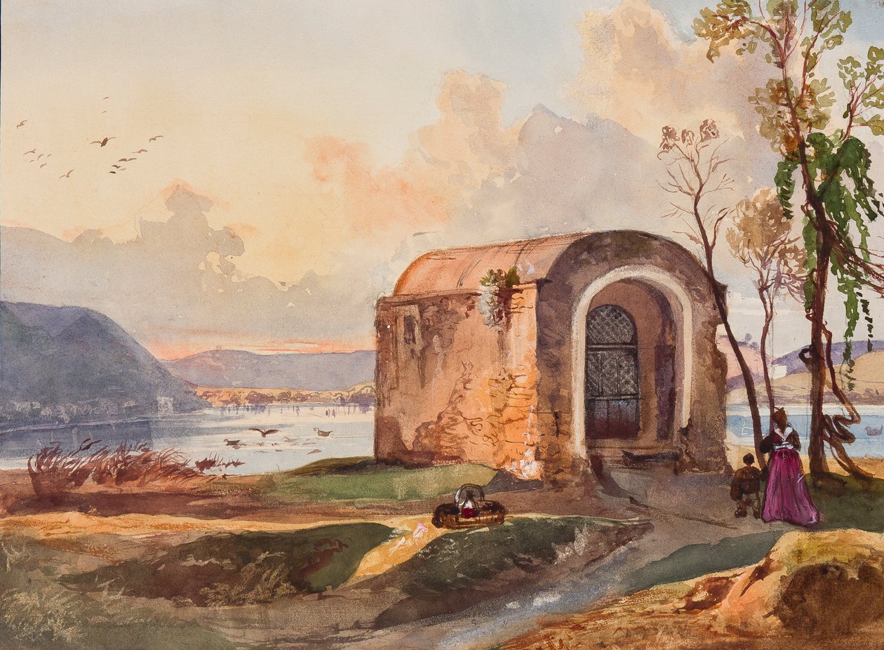 Capilla junto al Lago Lucrino, con adiciones de un alumno de Borbón, posiblemente la Princesa María Anunciata de Borbón (1843-1871) de Giacinto Gigante