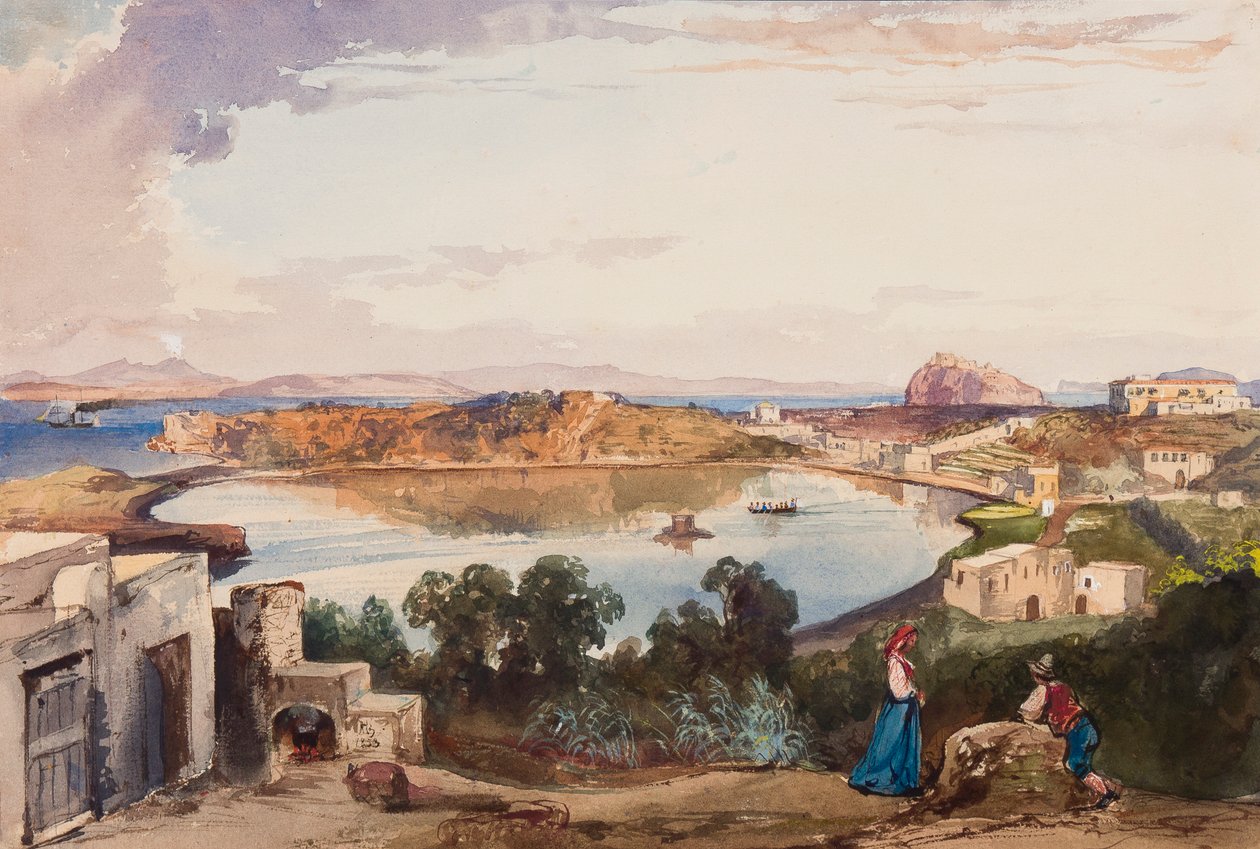 Ischia, la caldera justo antes de que se cortara la entrada al mar, Palacio Real a la derecha, con adiciones del Príncipe Alfonso María di Borbone (1841-1934), 1853 de Giacinto Gigante