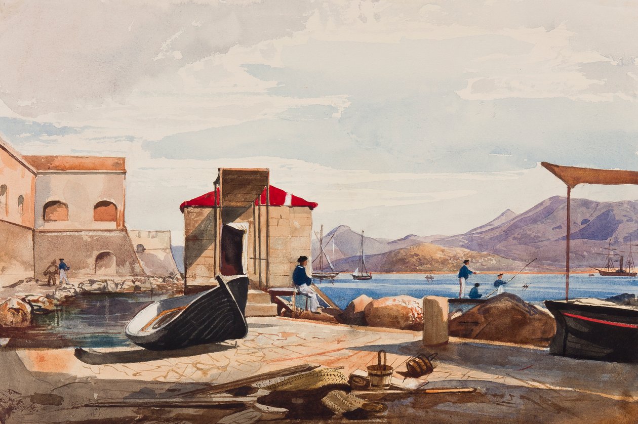 El puerto de Gaeta, con adiciones de la Princesa Maria Annunziata di Borbone (1843-1871) de Giacinto Gigante