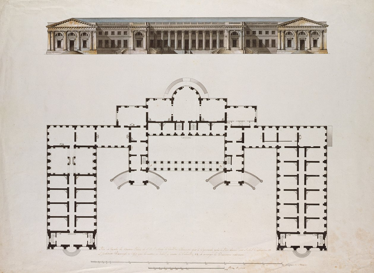 Elevación norte y plano del Palacio de Alejandro en Tsarkoe Selo, c.1780s de Giacomo Antonio Domenico Quarenghi