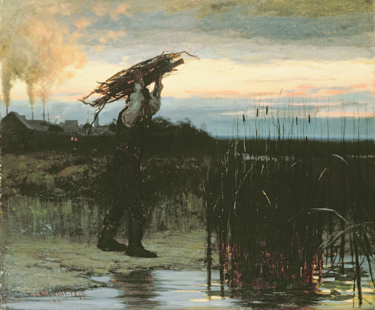 Hombre cargando palos al anochecer, 1879 de Gilbert Gaul
