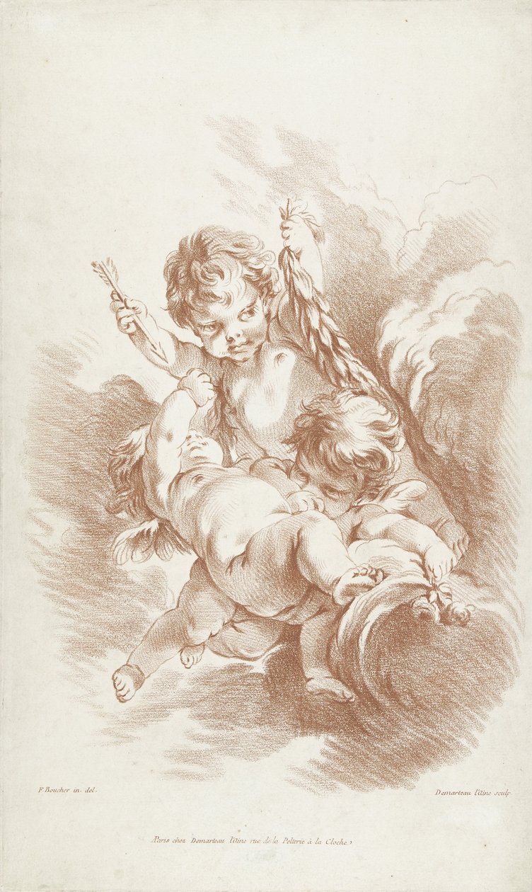 Tres jugando amorcillos en las nubes de Gilles Demarteau