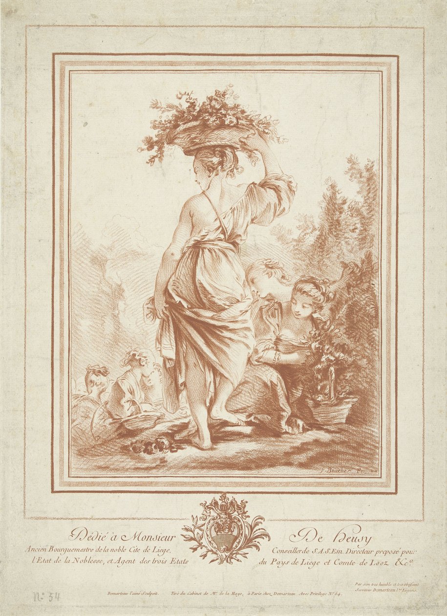 Mujer con canasta de flores en el jardín de Gilles Demarteau