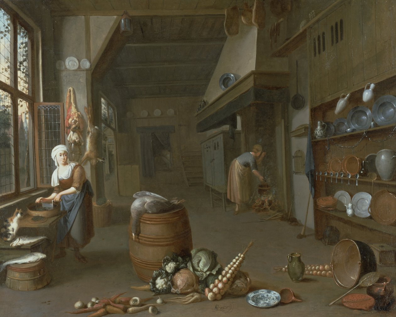 Interior de cocina con dos criadas preparando comida de Gillis de Winter