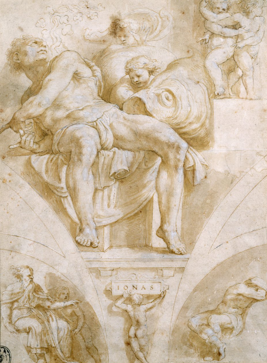 El profeta Jonás y dos lunetas destruidas (diseño para la Capilla Sixtina) de Giorgio Giulio Clovio