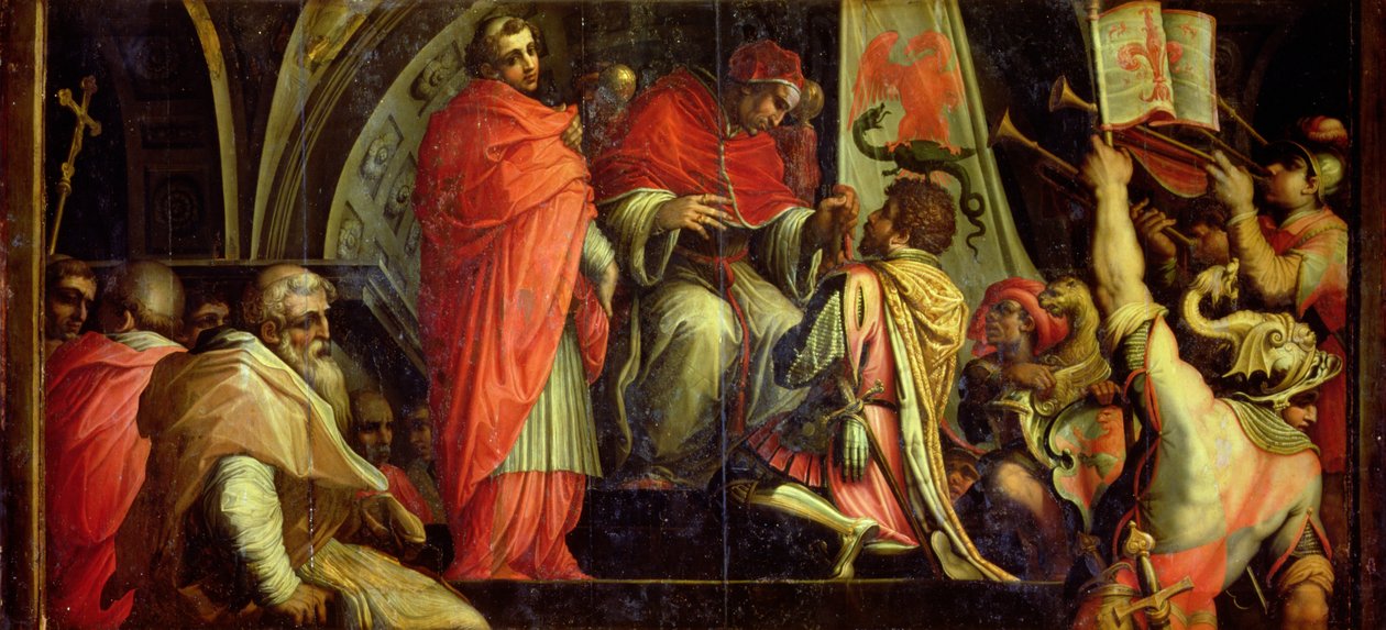 Clemente IV (1265-68) entregando armas a los líderes del partido güelfo del techo del Salone dei Cinquecento, 1565 de Giorgio Vasari