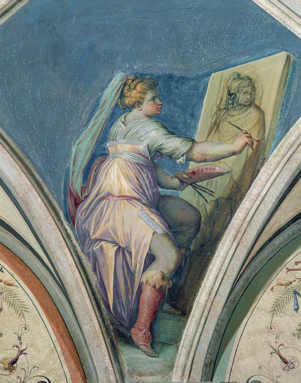 Mujer sentada pintando un retrato de un hombre, posiblemente el artista, de la Camera della Fama e delle Arti (Sala de la Fama y de las Artes) 1542 de Giorgio Vasari