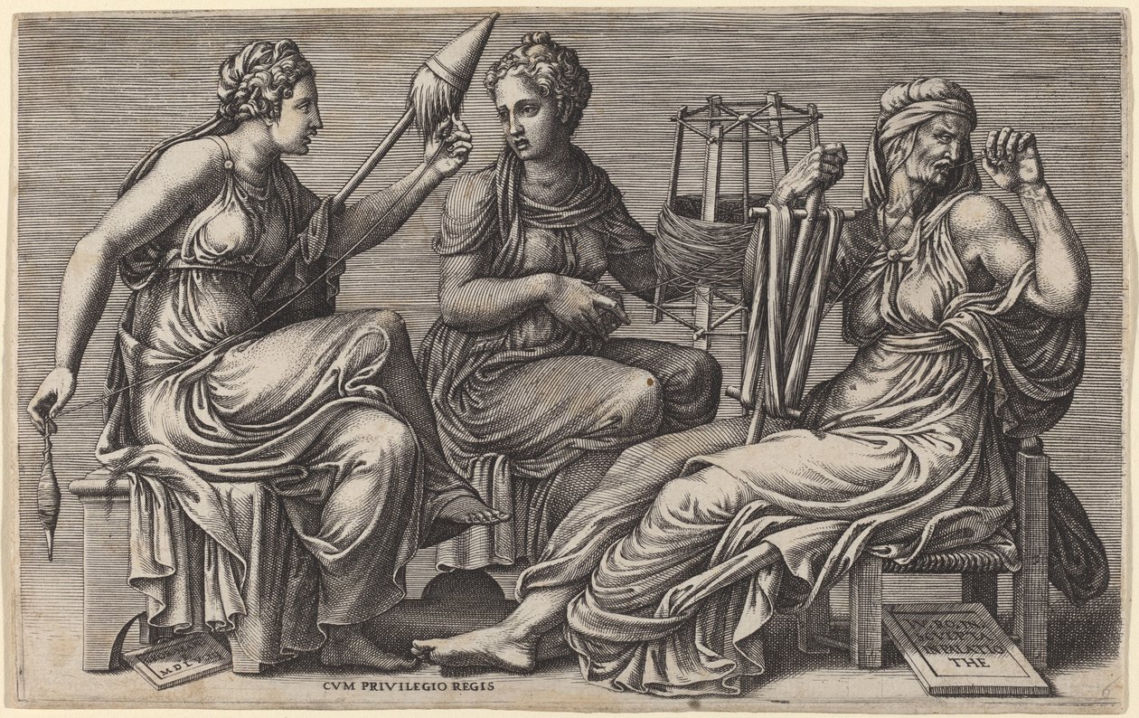 Las tres Parcas de Giorgio Ghisi after Giulio Romano