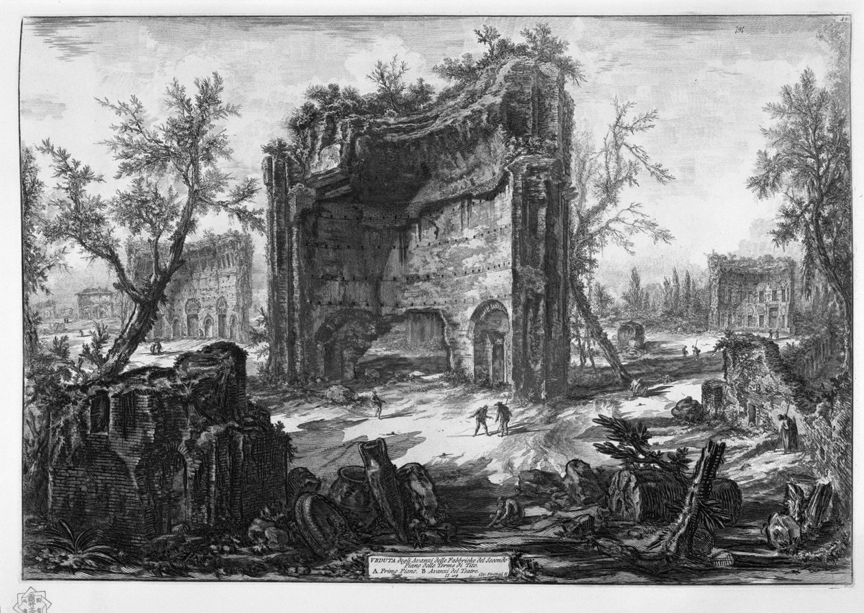 Vista de las ruinas de las fábricas del segundo piso de las Termas de Tito. A primer plano. B Ruinas del teatro de Giovanni Battista Piranesi