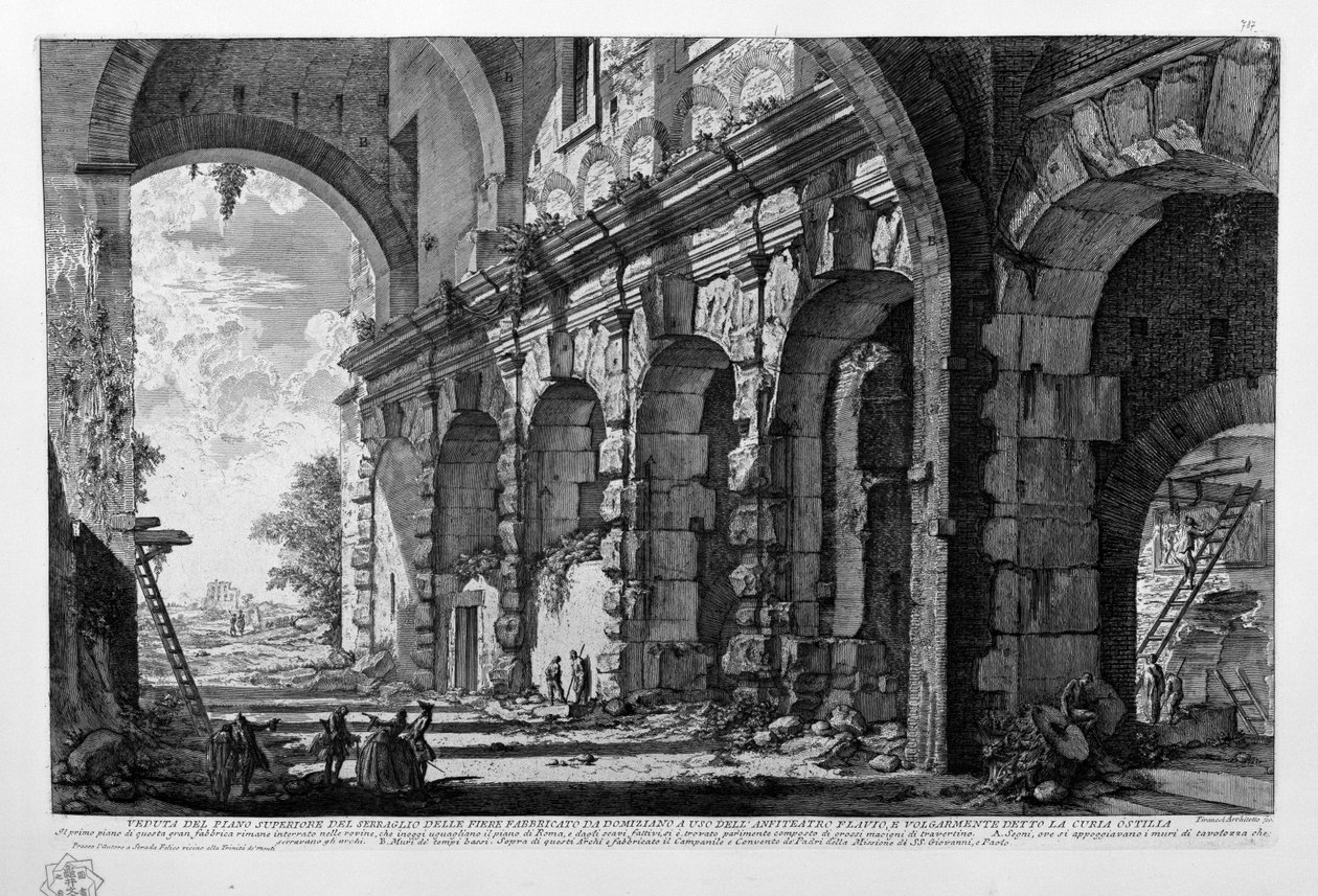 Vista del piso superior del serrallo de las fieras construido por Domiciano para el uso del anfiteatro Flavio, y vulgarmente llamado la Curia Ostilia de Giovanni Battista Piranesi