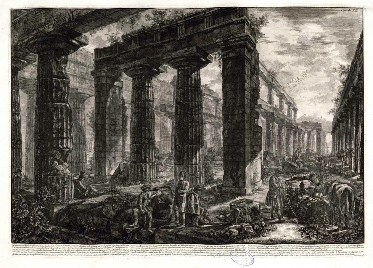 Comparar el primer estado de esta representación con la vista del templo desde una posición algo más alta, con diferente disposición de figuras y una banda de escritura vacía, firmada solo en la parte inferior derecha. Ficacci, L. Giovanni Battista Piranes de Giovanni Battista Piranesi