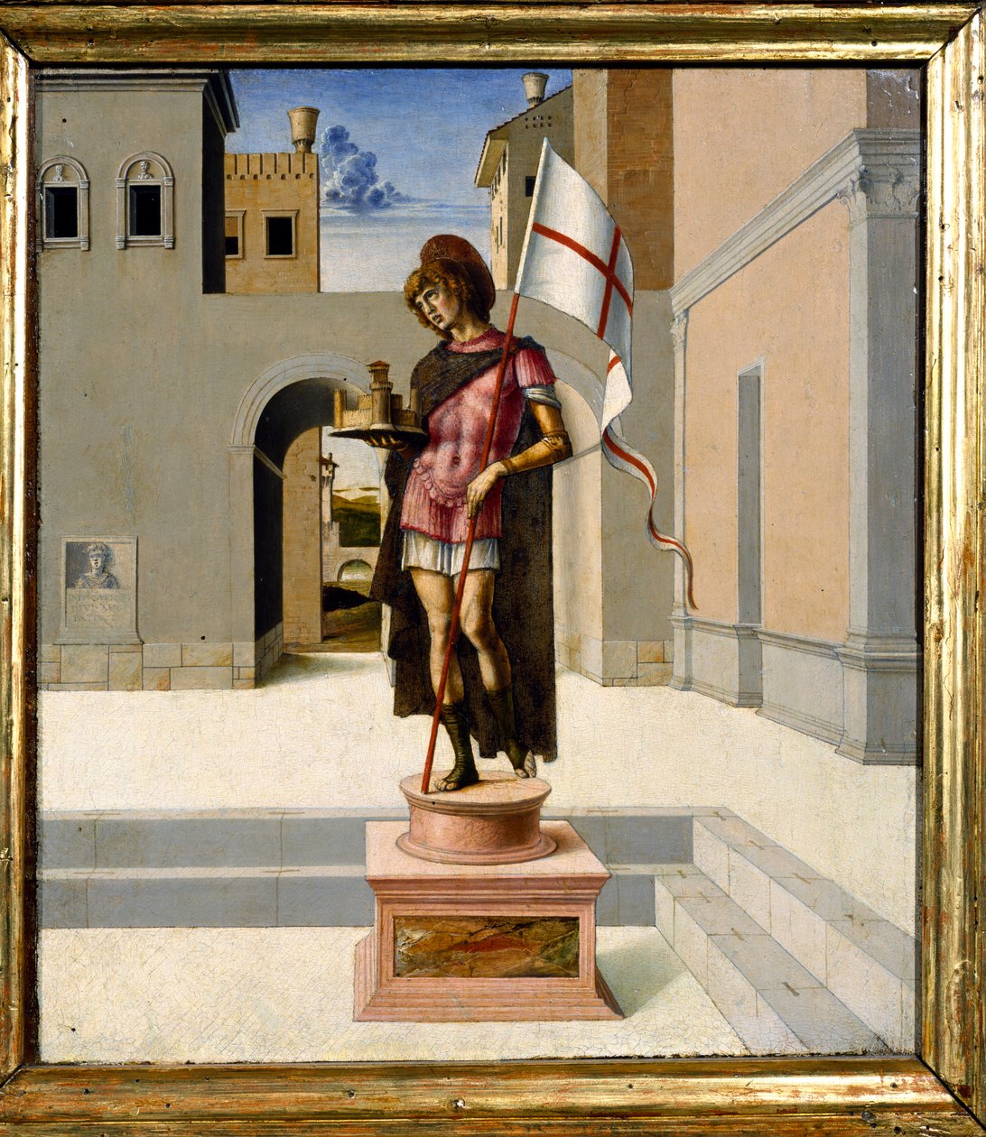 San Jorge representado como una estatua policromada en una plaza del pueblo, predela de Giovanni Bellini