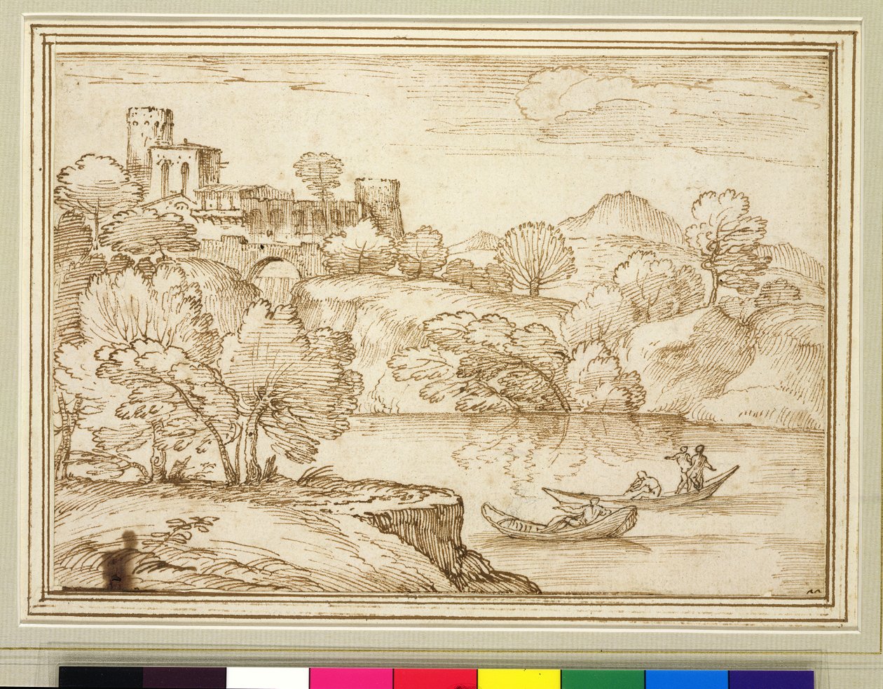 Paisaje Clásico con Barcos en un Lago bajo un Castillo de Giovanni F. Grimaldi