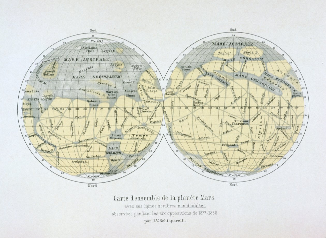 Mapa ensamblado del planeta Marte, de observaciones realizadas durante seis oposiciones en 1877-88 de Giovanni Schiaparelli