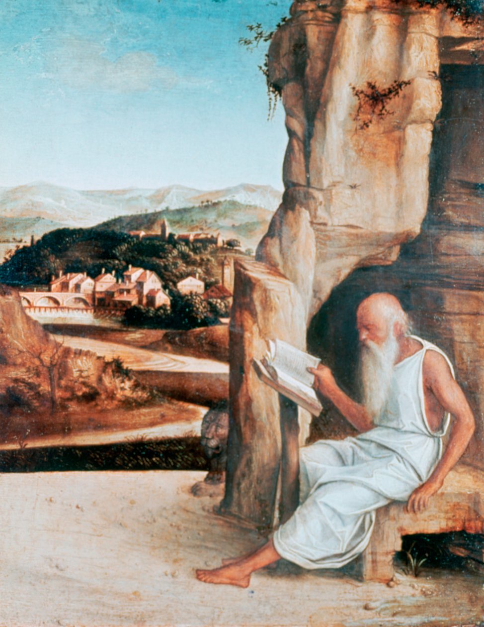 San Jerónimo leyendo en un paisaje, c1450-1516 de Giovanni Bellini