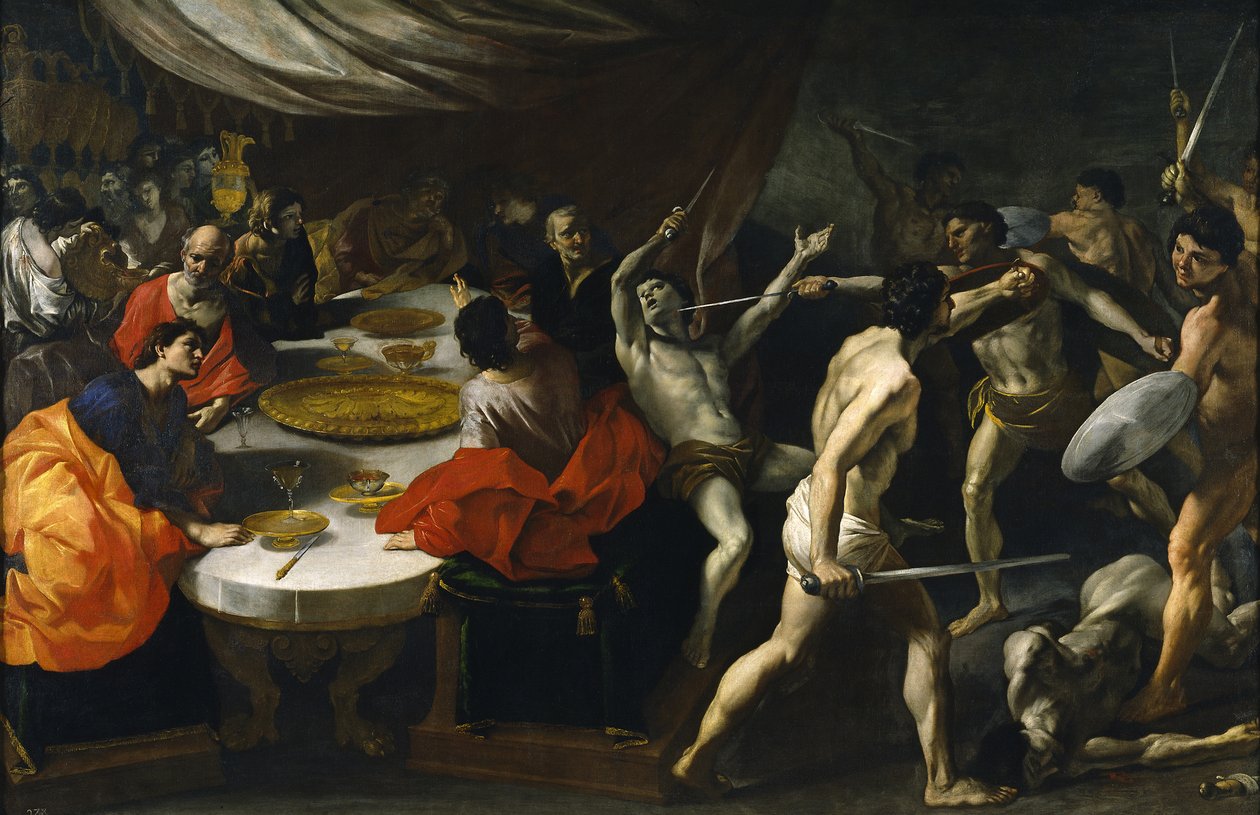 Luchas de gladiadores en un banquete de Giovanni Lanfranco