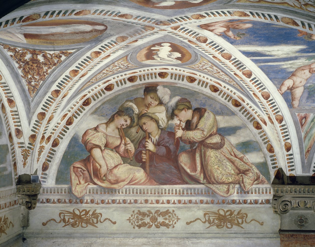 Bisel que representa un cuarteto de concierto de flautistas, 1532 de Girolamo Romanino