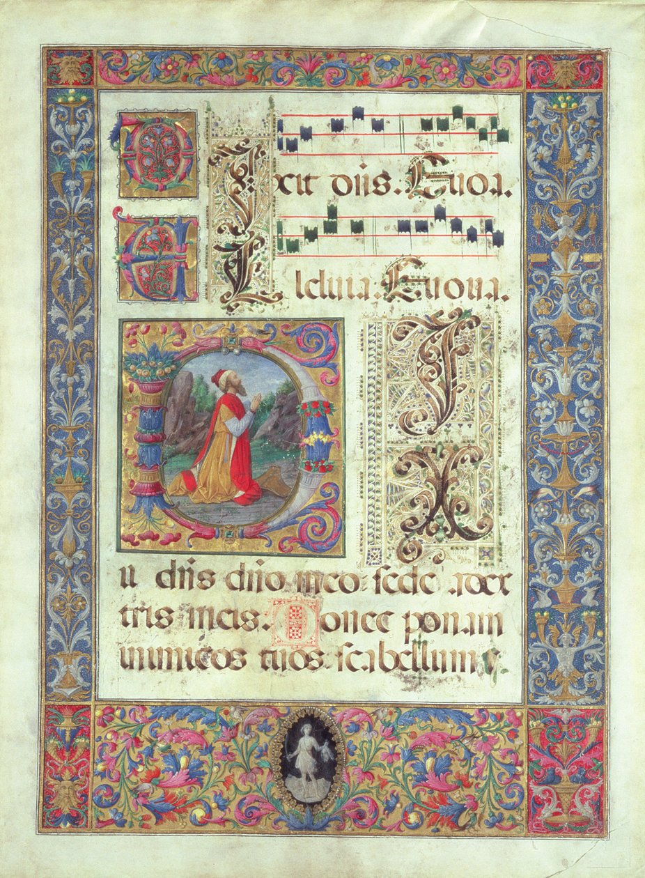 Página de un manuscrito con una inicial historiada D que representa al Rey David, c.1480 de Giuliano Amadei