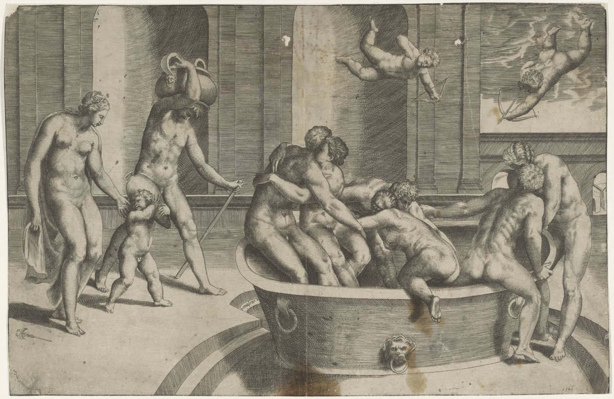 Hombres y mujeres en una gran bañera. de Giulio Bonasone
