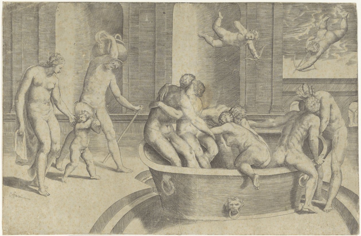 Hombres y mujeres en una gran bañera. de Giulio Bonasone